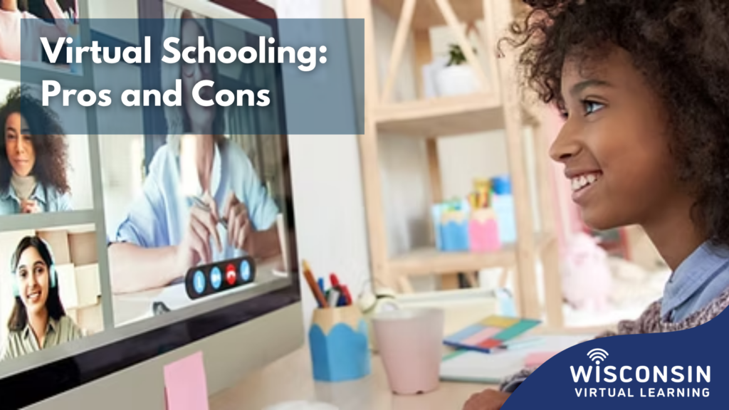 A student attends virtual schooling on a desktop computer.
