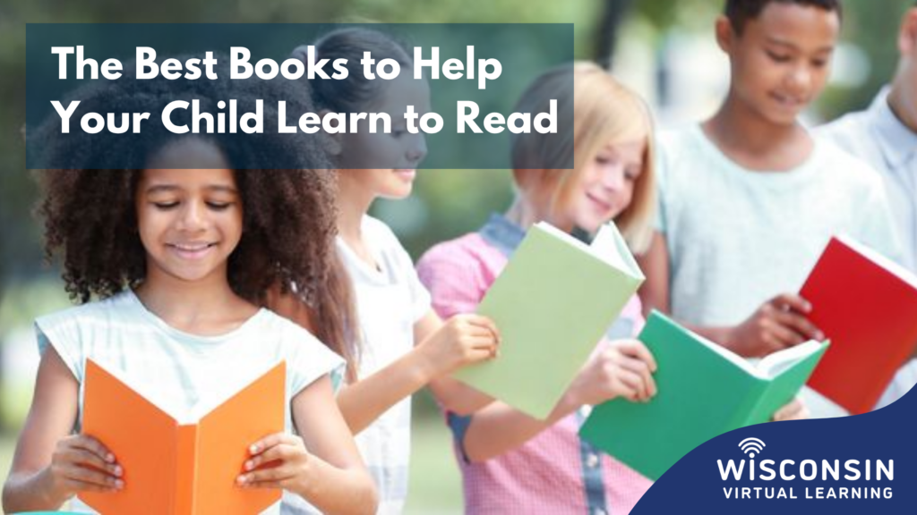 Children of different ages and backgrounds using colorful books to learn to read.