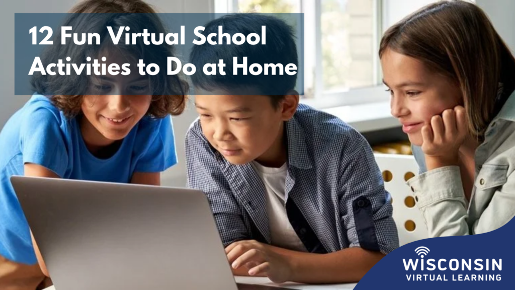Three children gather around a laptop engaging in virtual school activities.