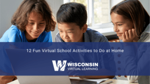 Three children gather around a laptop engaging in virtual school activities.