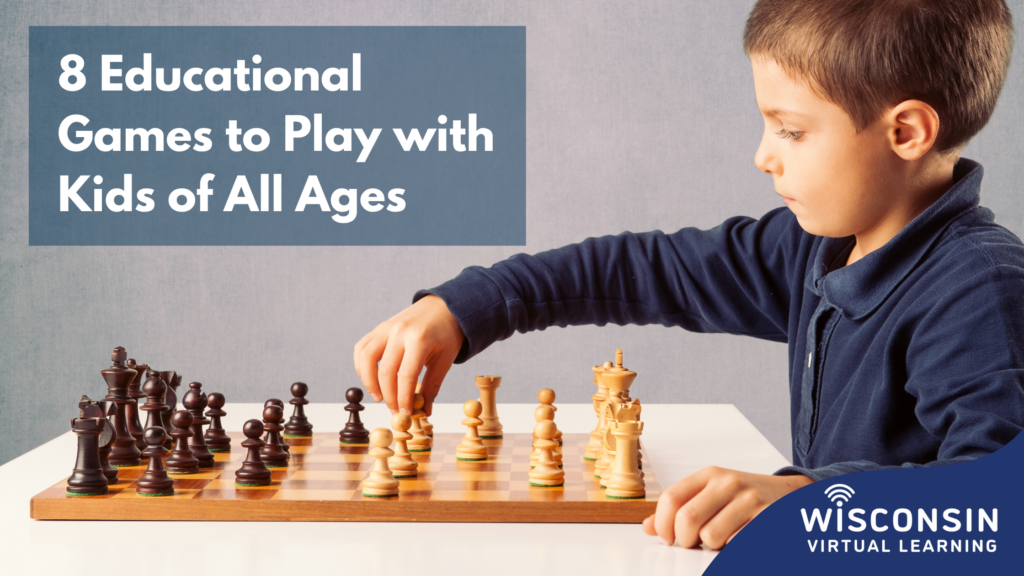 White text reads "8 educational games to play with kids of all ages" with an image of a student playing chess