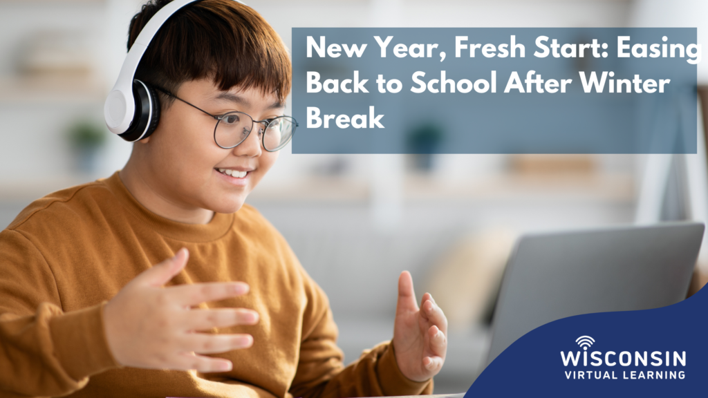 White text reads "New Year fresh start back to school after winter break" with an image of a virtual student